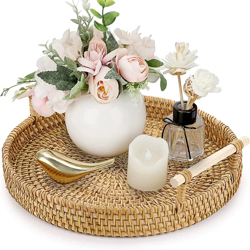 Handwoven Rattan Tray Basket With Wooden Handle